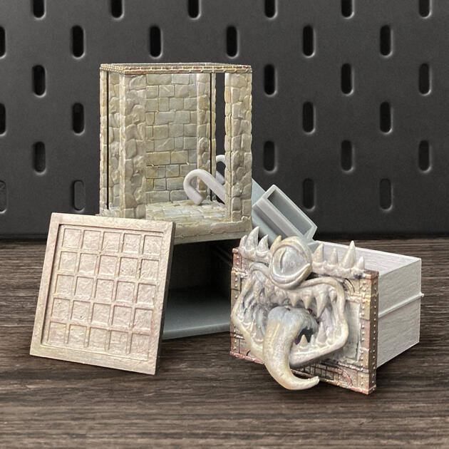 The Mimic | Wall-Mounted TTRPG Organizer & Dice Drawer Hand-painted stone texture Mimic dice box with open storage drawer, mounted on an IKEA SKÅDIS pegboard as a TTRPG miniature display.